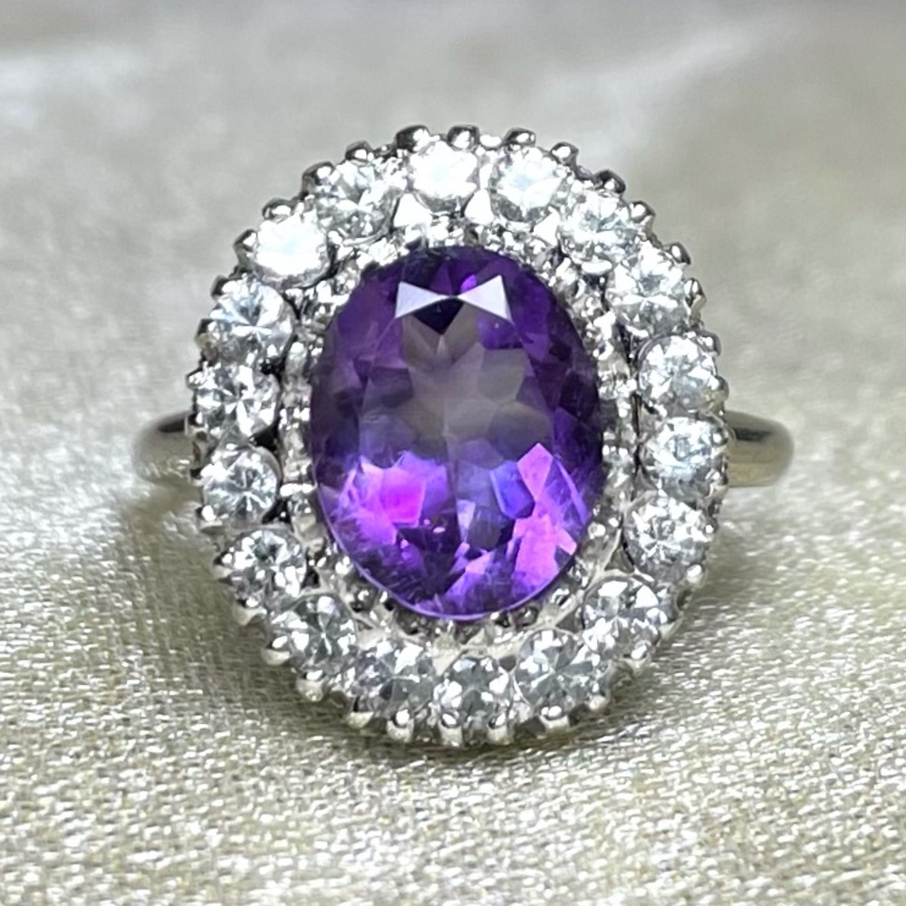 10k White Gold Purple Amethyst CZ Halo Ring